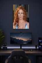 Redhead Celebrity in a gaming desk setup above a monitor.