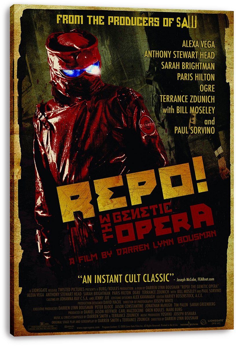 Repo! The Genetic Opera canvas wall art print featuring the red-suited, blue-goggled masked figure and bold yellow and red title typography.
