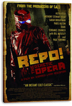 Repo! The Genetic Opera canvas wall art print featuring the red-suited, blue-goggled masked figure and bold yellow and red title typography.