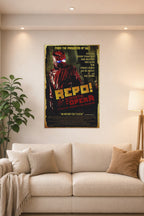 Repo! The Genetic Opera Movie Poster in a bright living room above a beige sofa.