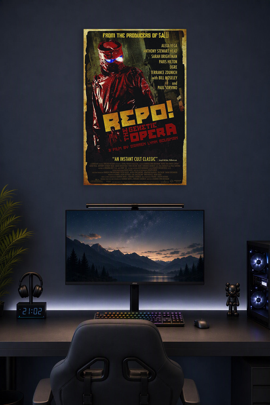 Repo! The Genetic Opera Movie Poster in a gaming desk setup above a monitor.
