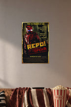Repo! The Genetic Opera Movie Poster in a cozy movie room above a brown sofa with popcorn.