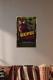 Repo! The Genetic Opera Movie Poster in a cozy movie room above a brown sofa with popcorn.