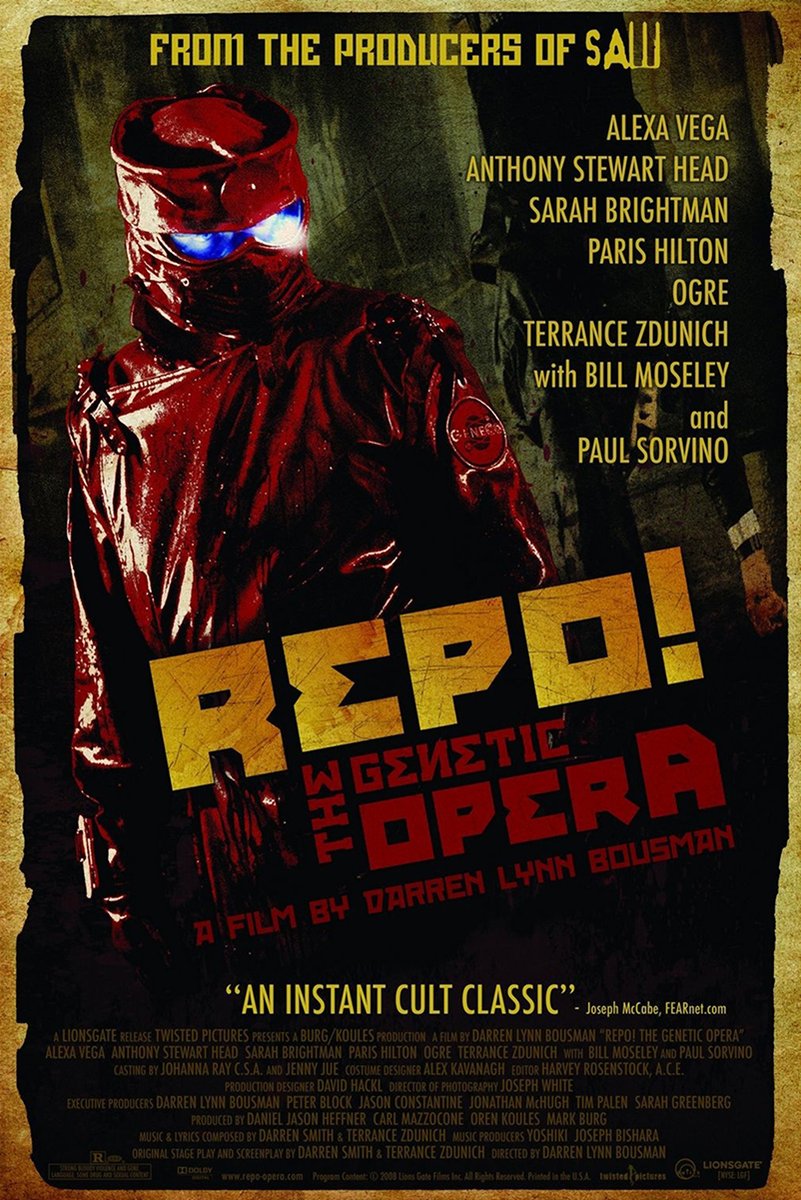 Repo! The Genetic Opera movie poster wall art featuring a red-coated masked figure with glowing blue goggles on a distressed dark backdrop.