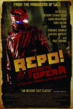 Repo! The Genetic Opera movie poster wall art featuring a red-coated masked figure with glowing blue goggles on a distressed dark backdrop.