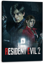 Resident Evil 2 canvas wall art print featuring Leon Kennedy and Claire Redfield armed in a dark rainy scene above the cracked red and white logo.