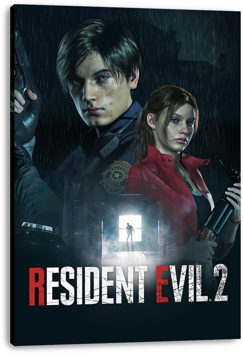 Resident Evil 2 canvas wall art print featuring Leon Kennedy and Claire Redfield armed in a dark rainy scene above the cracked red and white logo.
