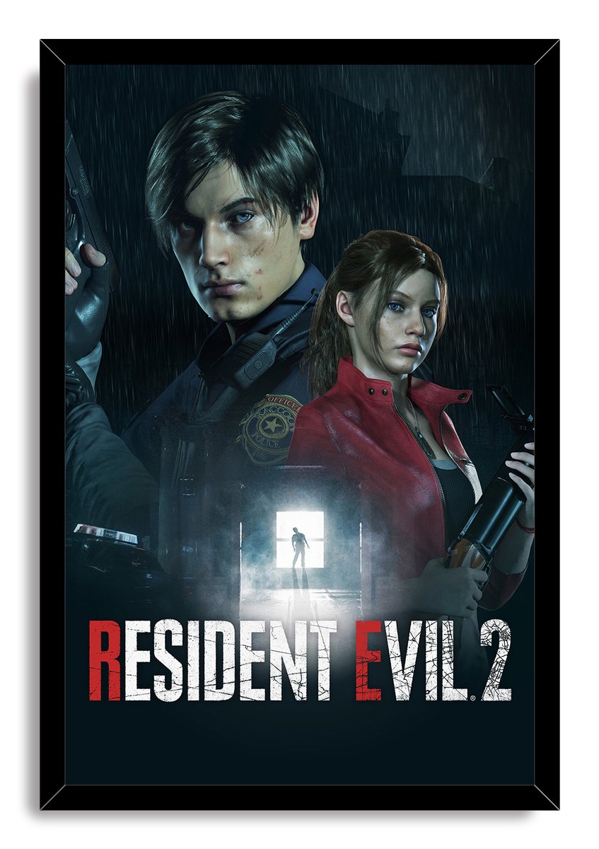 Resident Evil 2 framed wall art print portrays Leon Kennedy and Claire Redfield in rain, with weapons, a glowing doorway silhouette, and bold title text.