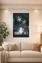 Resident Evil 2 Leon Kennedy and Claire Redfield in a bright living room above a beige sofa.