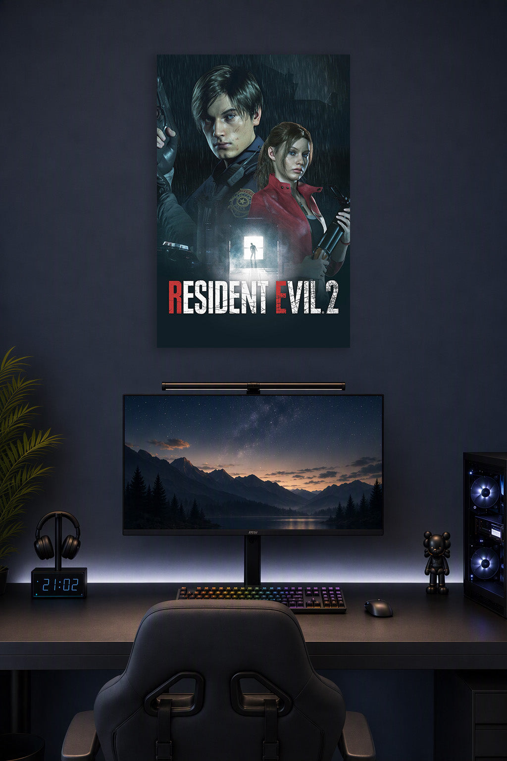 Resident Evil 2 Leon Kennedy and Claire Redfield in a gaming desk setup above a monitor.