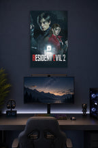 Resident Evil 2 Leon Kennedy and Claire Redfield in a gaming desk setup above a monitor.