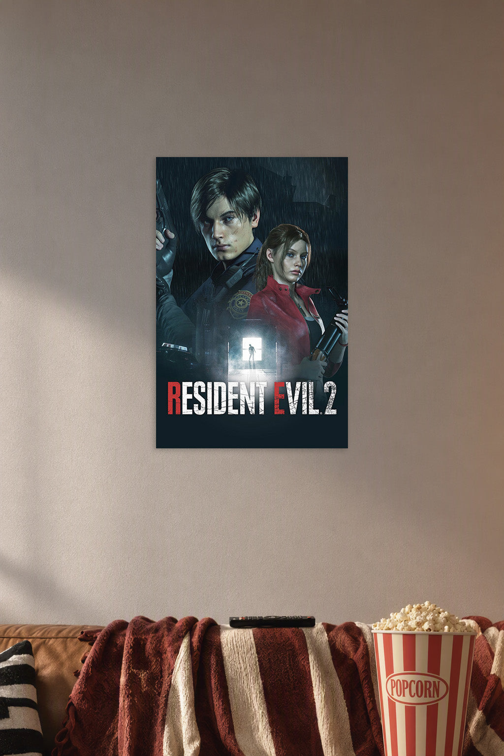 Resident Evil 2 Leon Kennedy and Claire Redfield in a cozy movie room above a brown sofa with popcorn.