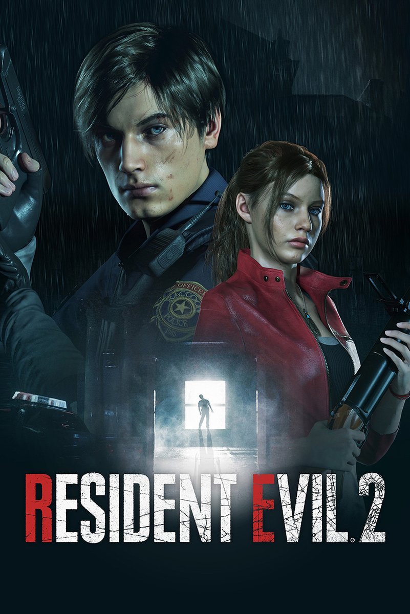 Resident Evil 2 poster featuring Leon Kennedy with a handgun and Claire Redfield holding a weapon in rain, with a silhouetted figure at a lit doorway.