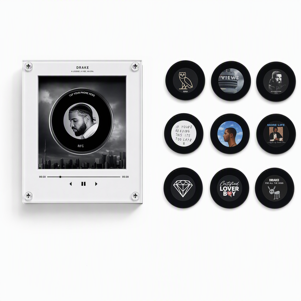 Retro mini vinyl record music player with a Drake portrait disc and nine black magnetic discs featuring owl and album motifs.