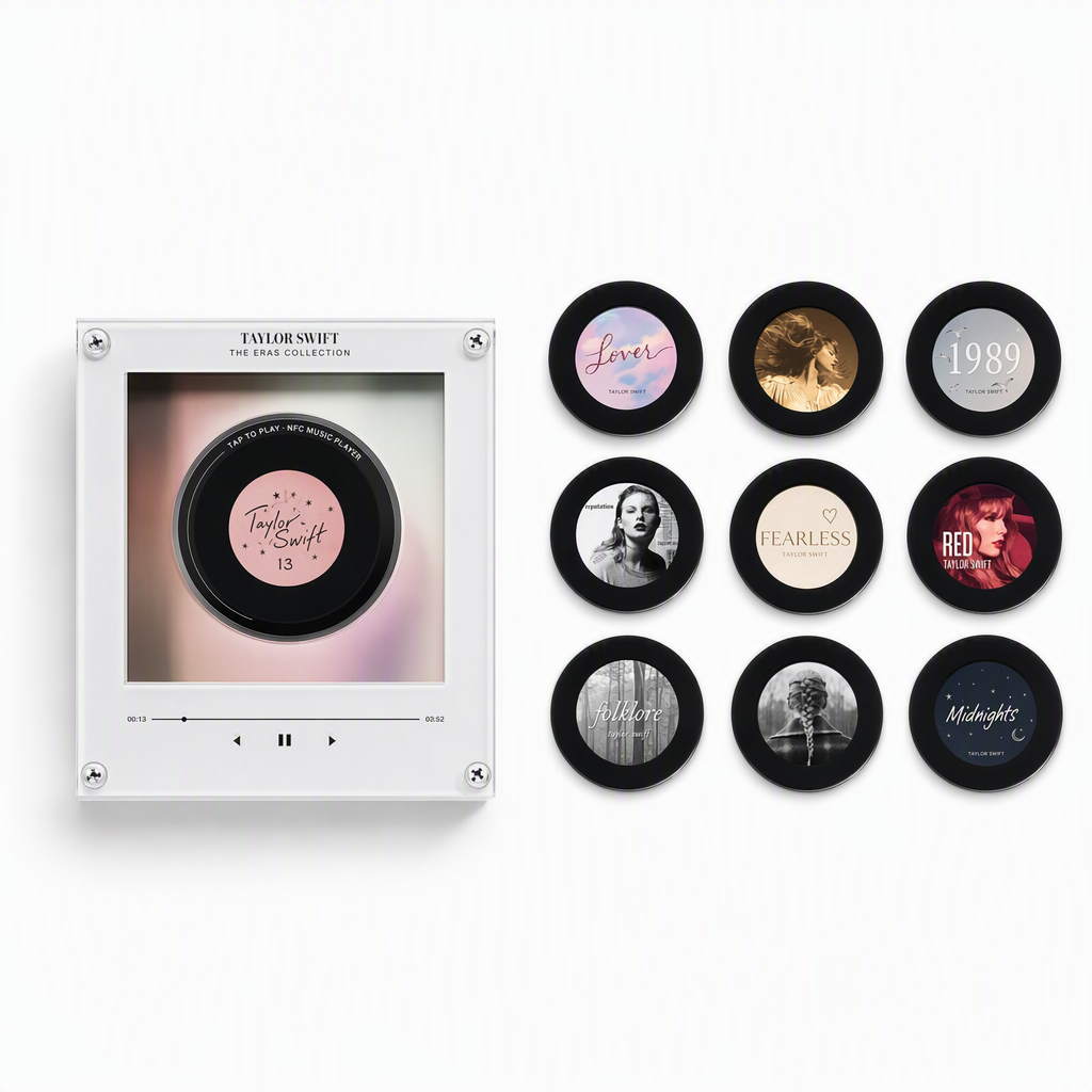 Retro mini NFC music player in a clear white case with Taylor Swift-themed record disc and nine interchangeable album discs.