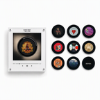 Retro mini vinyl record music player with a Kanye West themed center disc and nine assorted black magnetic discs on white.