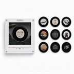 Retro mini vinyl record music player with a Led Zeppelin IV design beside nine interchangeable album-art magnetic discs.