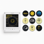 Retro mini vinyl record music player with a yellow Nirvana smiley disc and nine coordinated album-style magnetic discs.