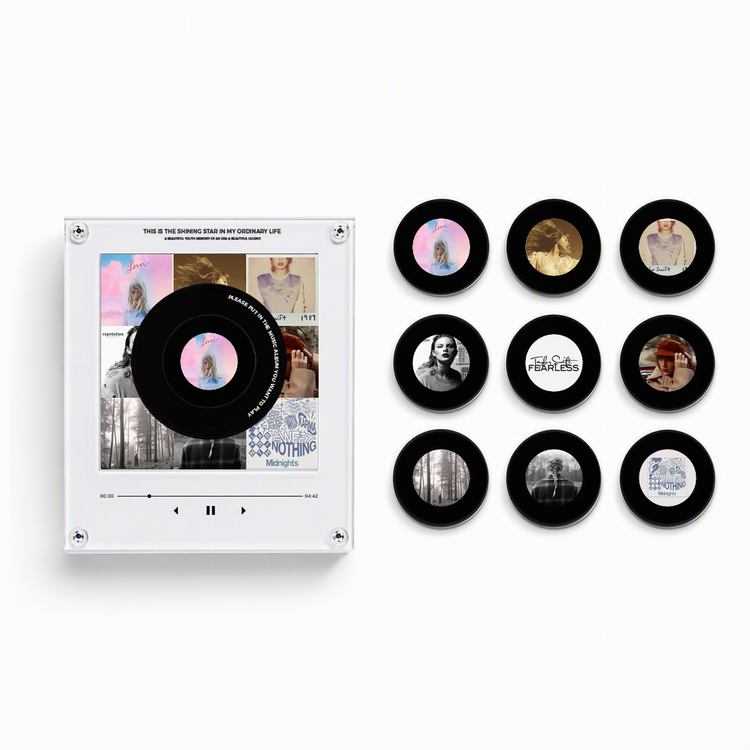 Retro mini vinyl record music player display with a Taylor Swift 13 disc and nine interchangeable album-style discs.