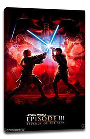 Star Wars Episode III Revenge of the Sith canvas wall art with a red duel scene, crossed blue lightsabers, and title text below.