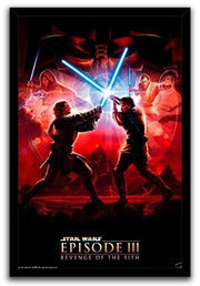 Star Wars Episode III Revenge of the Sith framed wall art print featuring two fighters in a red-lit lightsaber battle and character montage.