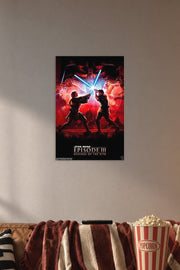 Revenge of The Sith Episode III Return Decor Wall Movie in a cozy movie room above a brown sofa with popcorn.