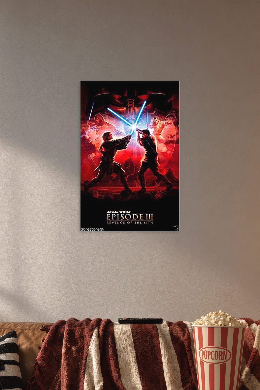 Revenge of The Sith Episode III Return Decor Wall Movie in a cozy movie room above a brown sofa with popcorn.