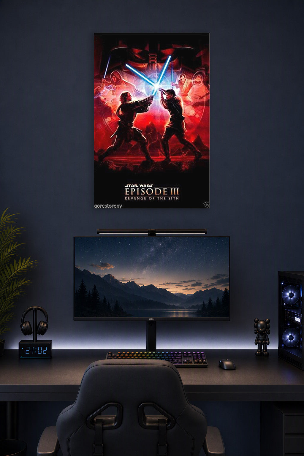Revenge of The Sith Episode III Return Decor Wall Movie in a gaming desk setup above a monitor.