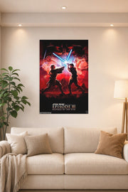 Revenge of The Sith Episode III Return Decor Wall Movie in a bright living room above a beige sofa.