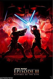 Star Wars Episode III Revenge of the Sith wall art print with two silhouetted fighters clashing blue lightsabers amid red character portraits.