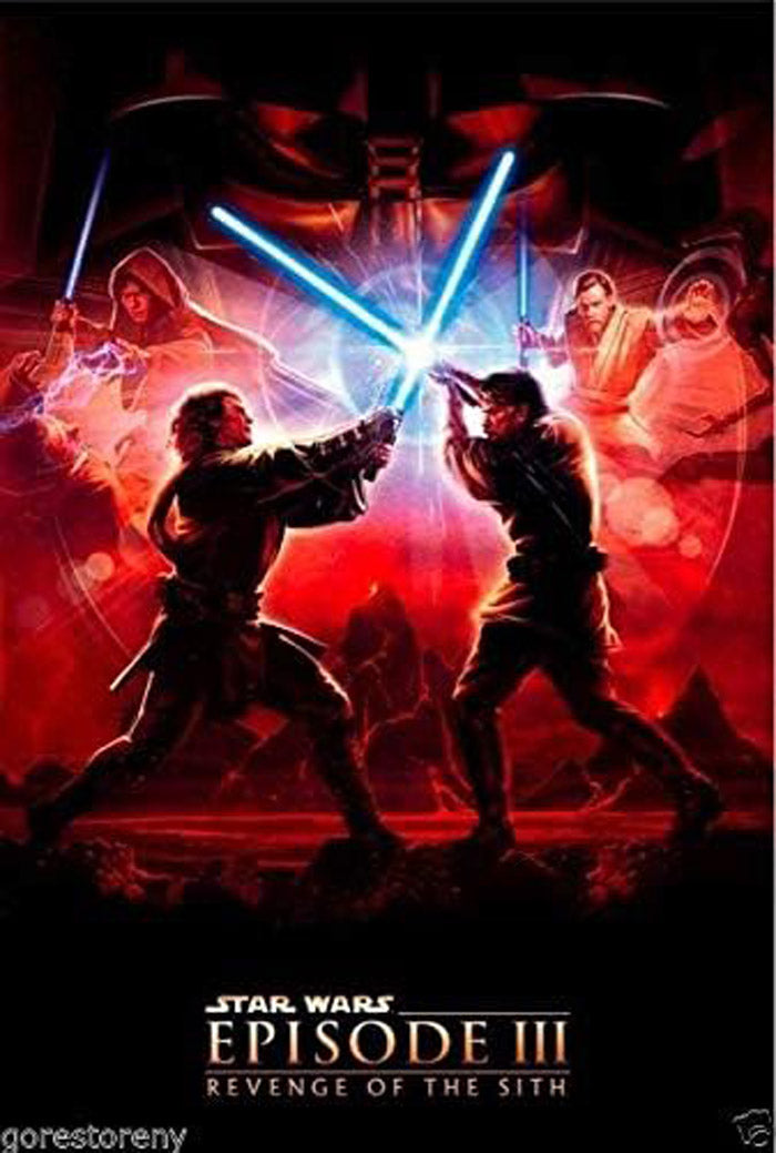 Star Wars Episode III Revenge of the Sith wall art print with two silhouetted fighters clashing blue lightsabers amid red character portraits.