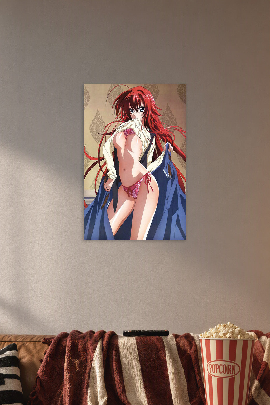 Rias Gremory in a cozy movie room above a brown sofa with popcorn.