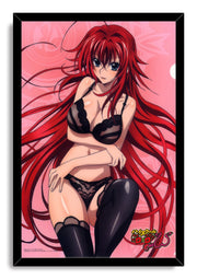Framed Rias Gremory wall art print depicts a red-haired anime woman in black lingerie, set against pink abstract graphics.