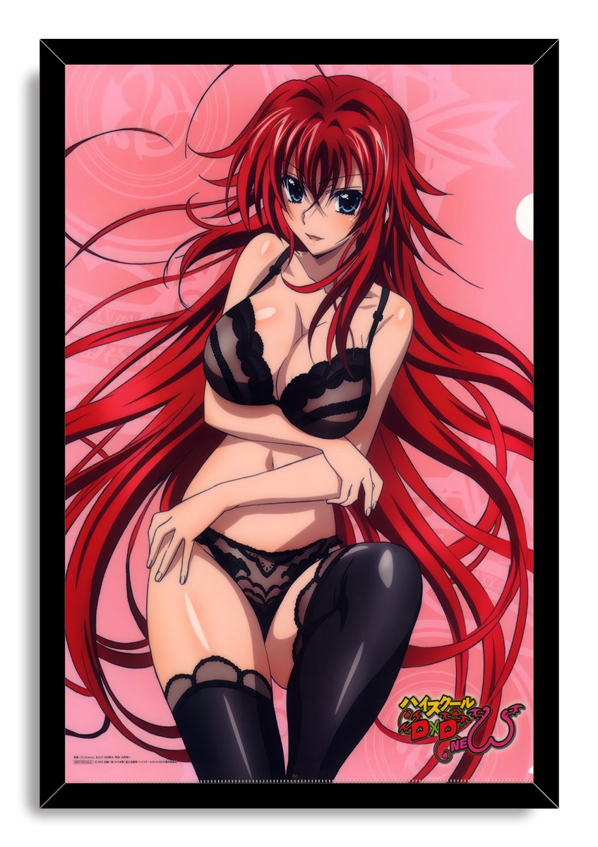 Framed Rias Gremory wall art print depicts a red-haired anime woman in black lingerie, set against pink abstract graphics.