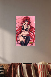 Rias Gremory High School DxD Anime Girl in a cozy movie room above a brown sofa with popcorn.