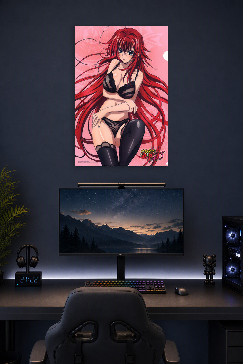 Rias Gremory High School DxD Anime Girl in a gaming desk setup above a monitor.