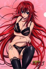 Rias Gremory anime poster features a red-haired woman in black lingerie and thigh-high stockings against a pink graphic backdrop.