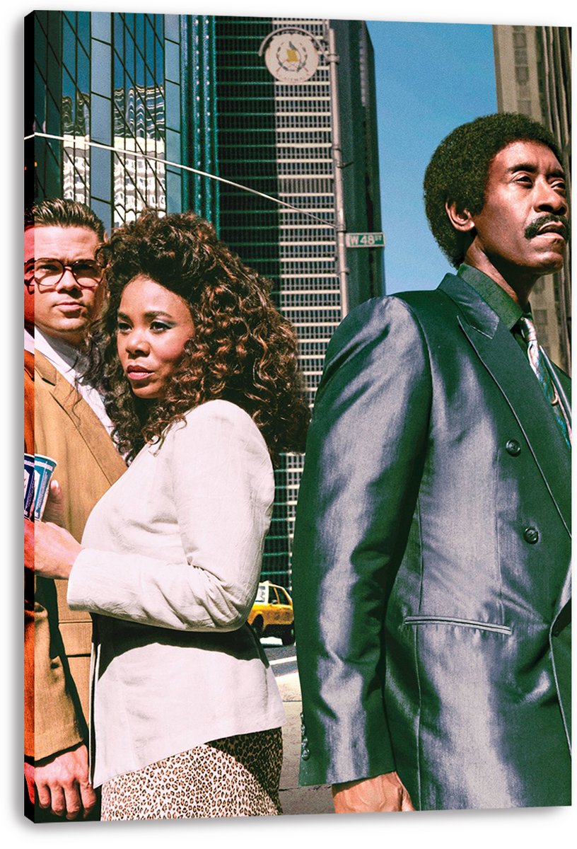 Canvas wall art print featuring three pedestrians in tailored outfits on a city street lined with tall glass buildings.