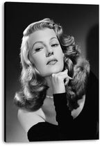 Rita Hayworth canvas wall art print featuring a monochrome glamour portrait with waved hair, fur stole, and black evening gloves.