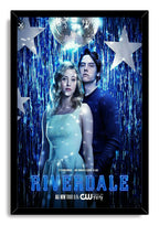 Riverdale framed wall art print featuring Betty Cooper and Jughead Jones in a blue homecoming scene with disco ball and stars.