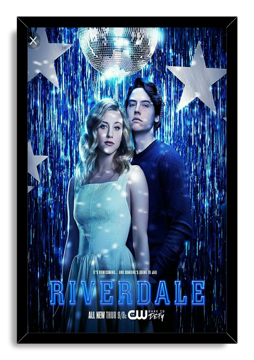 Riverdale framed wall art print featuring Betty Cooper and Jughead Jones in a blue homecoming scene with disco ball and stars.