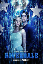 Riverdale poster featuring Betty Cooper in a pale dress and Jughead Jones beneath a disco ball, with silver stars and blue tinsel.