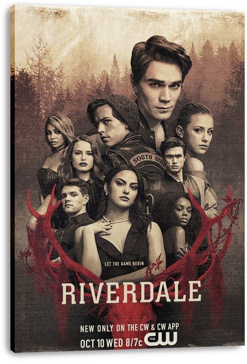 Riverdale canvas wall art print featuring the ensemble cast over a sepia forest scene with red vines and promotional lettering.