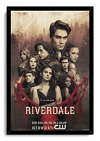 Riverdale framed wall art print with cast portraits, dark woodland background, crimson branches, and the series title at the bottom.