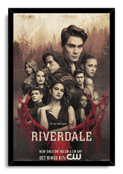 Riverdale framed wall art print with cast portraits, dark woodland background, crimson branches, and the series title at the bottom.