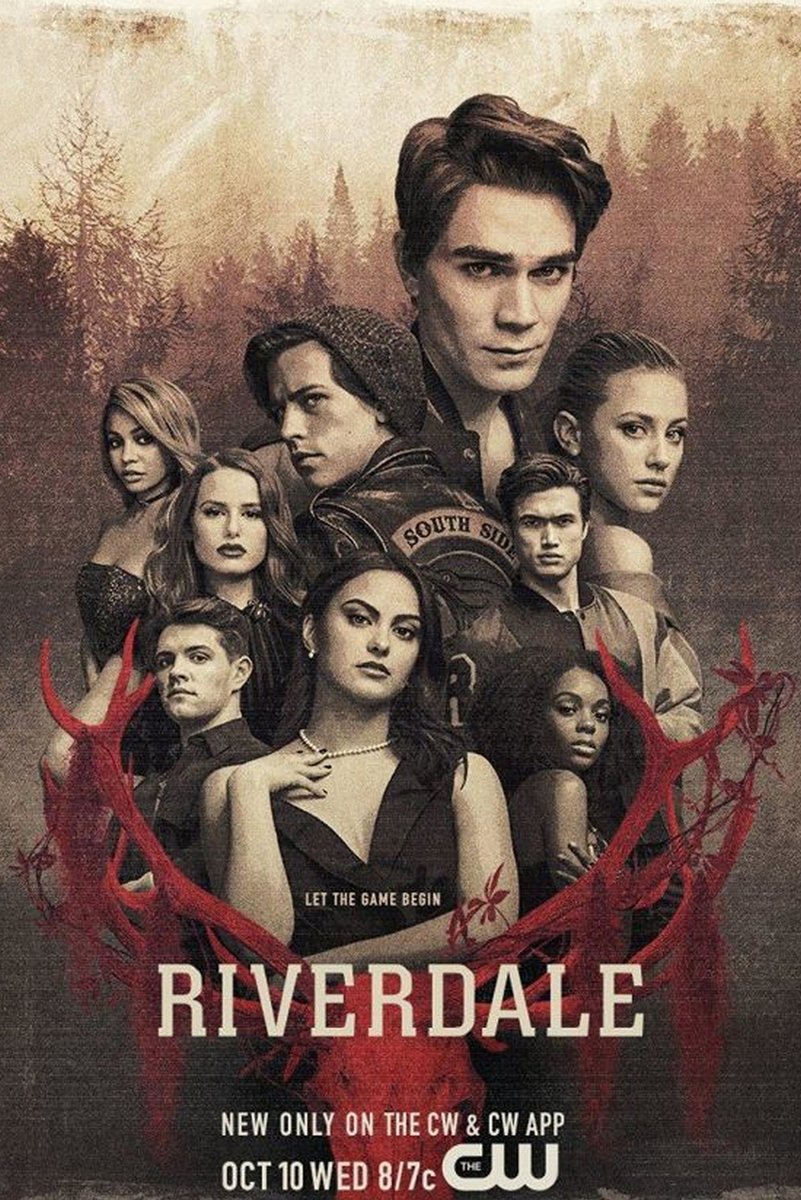 Riverdale wall art print with a layered cast portrait, misty pine forest backdrop, red thorny branches, and bold title text.