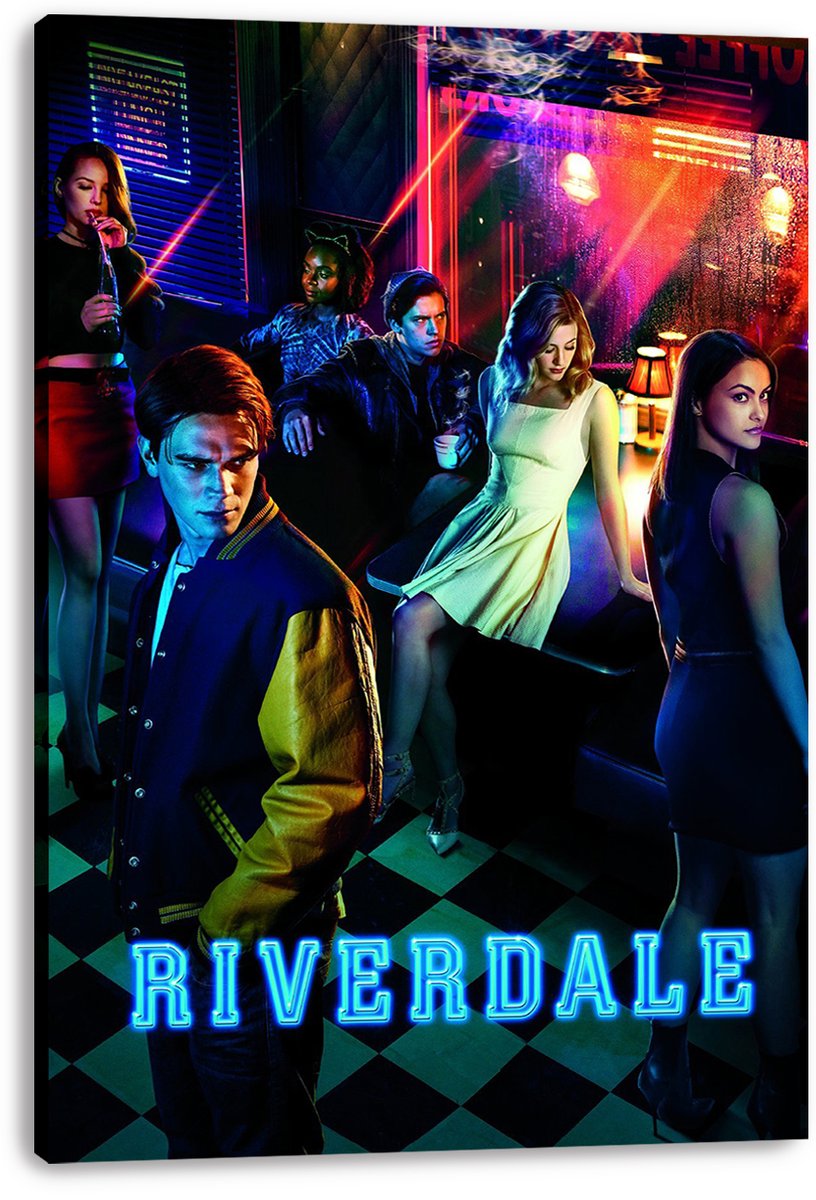 Riverdale canvas print featuring six characters in a dramatic neon diner scene with blue, magenta, and amber lighting.