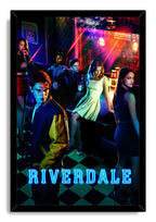 Riverdale framed wall art print featuring six characters in a neon-lit diner above a checkerboard floor and glowing blue logo.