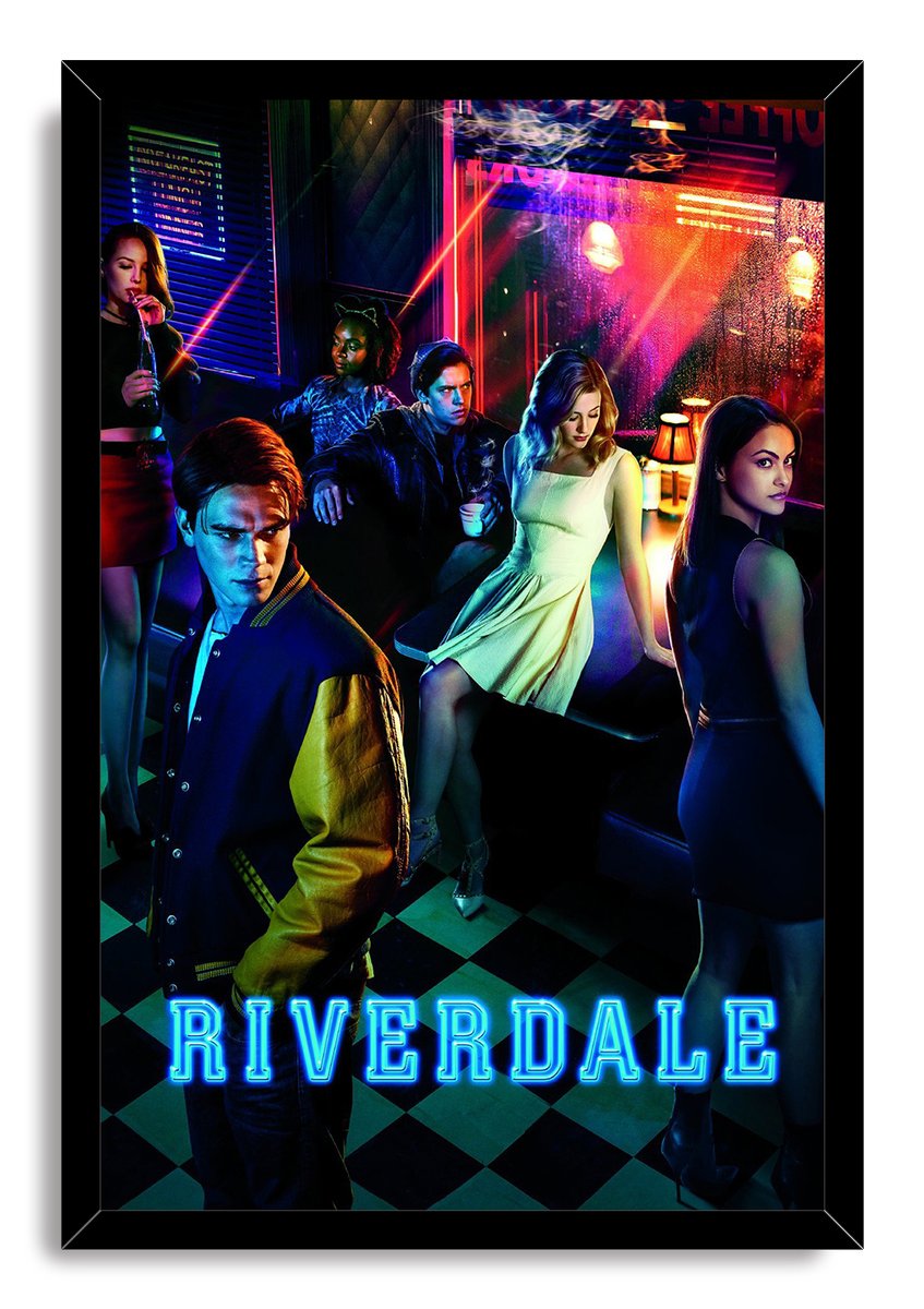 Riverdale framed wall art print featuring six characters in a neon-lit diner above a checkerboard floor and glowing blue logo.