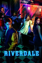 Riverdale wall art print with six characters in a neon-lit diner, checkerboard floor, glowing blue title, and red-purple windows.